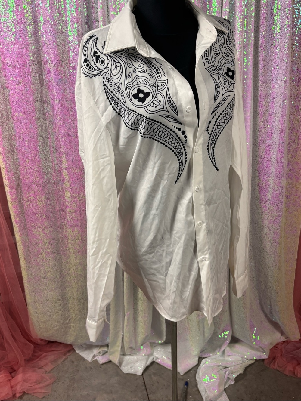 White Button-Front Blouse with Black Paisley Yoke